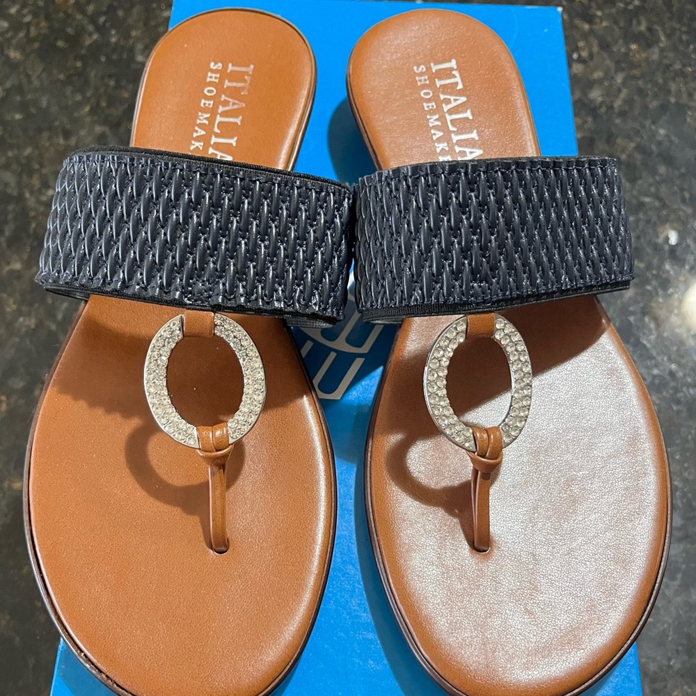 Italian Shoemakers Dark Navy Sandals with Decorative Rhinestone Accent